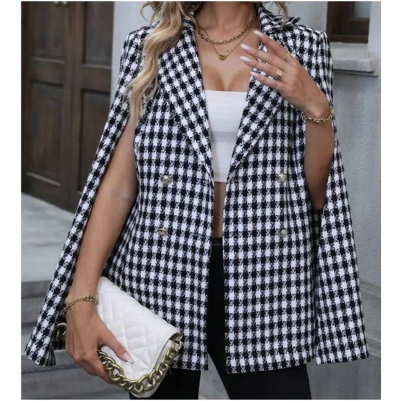 Classic Houndstooth Print Cloak Sleeve Jacket - Picture 4 of 6